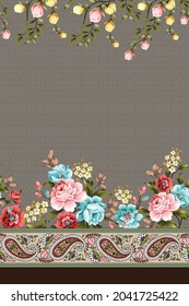 seamless vector paisley with pink blue and yellow flowers green leaves border body pattern on negative grey background