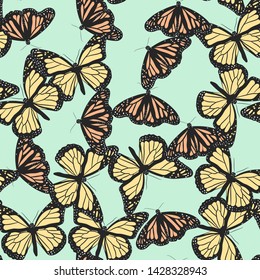 Seamless vector pale yellow butterfly pattern/ Green butterflies background for design, banner, wrapping, textile, fabric.