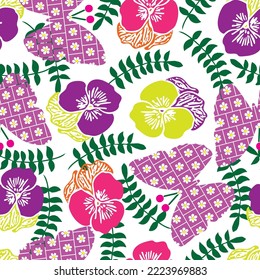 Seamless Vector Pansy and Butterflies Pattern on a White Background. 