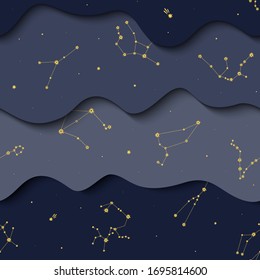 Seamless vector paper cut pattern with blue night sky and gold zodiac constellations. Starry sky. Astrology. Space background.