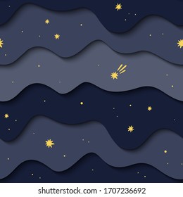 Seamless vector paper cut pattern with blue night sky and golden stars. Starry sky. Astrology. Space background.