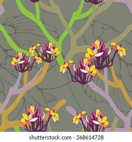 Seamless vector paradise bird and exotic flower pattern