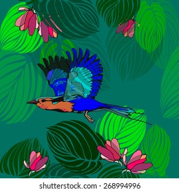 Seamless vector paradise bird and exotic flower pattern. Coracias garrulus
