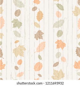 Seamless Vector Pastel Autumn Falling Leaves Stripes On Shiplap Wood Plank Background. Great For Holidays, Thanksgiving, Invitations, Stationery, Greeting Cards, Fabric, Paper Crafting, & Home Decor.