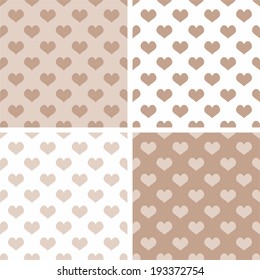 Seamless vector pastel hearts tile background set. Full of love pattern for valentines desktop wallpaper or website design in white, brown and beige color