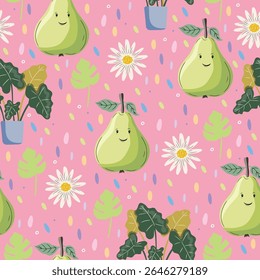 Seamless vector pastel pattern with pears, monstera leaves, daisies, and confetti. Cute fruity botanical background.