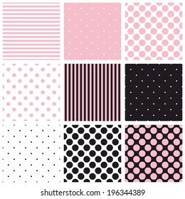 Seamless vector pastel pink, black and white pattern or background set with big and small polka dots and stripes