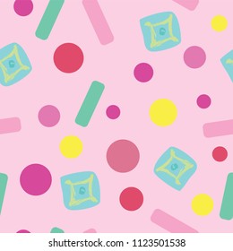 Seamless vector pastel pop abstract pattern with light pink background and multicolored brighter shapes. Fun and happy- great for packaging, cosmetics, bath and body, textiles, stationery, birthdays.