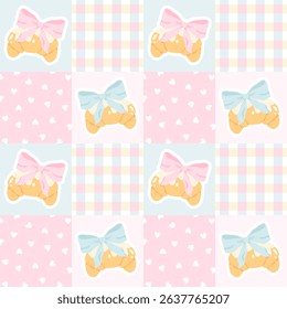 Seamless vector patchwork pattern with kawaii flirty croissants, pastel hearts and gingham blocks. Perfect for baby clothes, girly stationery, nursery fabric, and sweet-themed product design