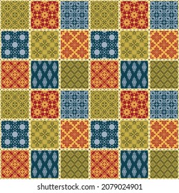 Seamless vector patchwork pattern. Vintage decorative design. Square mosaic with abstract oriental ornaments. 