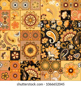 Seamless vector patchwork tile with paisley and mandala in colorful. Background set with black orange ornament in arabic style.