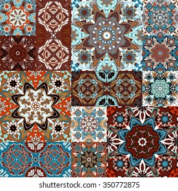 Seamless vector  patchwork tile with Victorian motives in colorful. Blue brown background set.