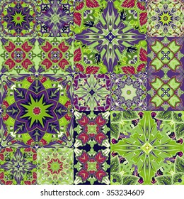 Seamless vector  patchwork tile with Victorian motives.  Background set with colorful ornament. Country style.