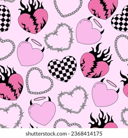 Seamless vector patern with black, pink, checkered, barbed wire abstract hearts. Y2k emo goth romantic background. Valentine day concept. Vector glam design