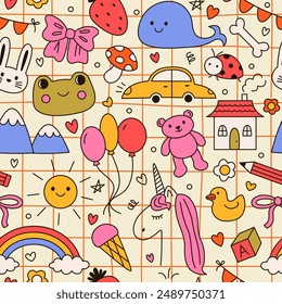 Motif harmonieux  Image vectorielle avec des illustrations de gribouillis dessinées à la main dans le style des enfants. Joli enfant gribouillant pour fond d'écran, papier d'emballage, textile. Arrière-plan chilien
