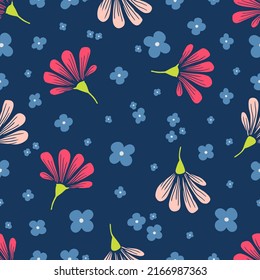 Seamless vector patern with decorative pink and red flowers. Small blue flowers. Dark blue background. Wrapping paper, fabric print, home textile design concept.