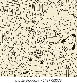 Patrón de Vector sin costuras con ilustraciones de garabato negro dibujado a mano en estilo infantil. Lindo garabato de niño para el Fondo de pantalla, papel de envoltura, textil. Fondo de arte de línea infantil