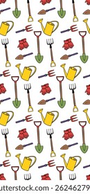Seamless vector patern. Hand drawn illustration with agriculture tools.Spring time.