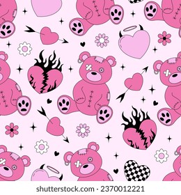 Seamless vector patern with old plush emo bears, burning hearts and flowers. Y2k romantic goth background. Valentine day concept. Glam design