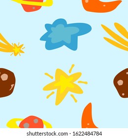 seamless vector patern of space with star,cloud,moon,planet and comet in cartoon style
