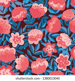 seamless vector patten with big pink flowers and blue leaves