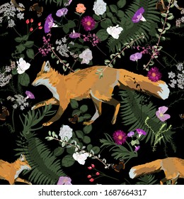 Seamless vector patten with fox running leaves, flowers, plants.