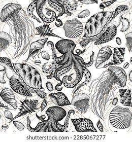 Seamless vector patten marine inhabitants in engraving style. Octopus, sea turtle, jellyfish, shells on a geometric background