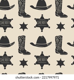 Seamless vector patter with cowboy items. Cowboy hat, cowboy boots, font star. Flat design on the theme of the Wild West, Mexico. Ornament for textile, surfaces