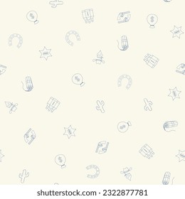 Patter vectorial impecable con elementos de vaquero. sombrero de vaquero, cráneo de carnero, botas de vaquero, cactus, estrella de fuente, espuma. Diseño plano sobre el tema del Oeste salvaje, México. Ornamento para superficies textiles