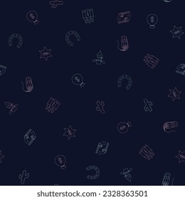 Seamless vector patter with cowboy items. Cowboy hat, ram skull, cowboy boots, cactus, font star, spurs. Flat design on the theme of the Wild West, Mexico. Ornament for textile, surfaces