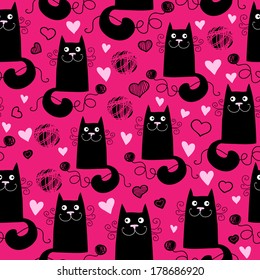 Seamless vector patter with cute black cats on pink background