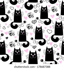 Seamless vector patter with cute black cats on white background