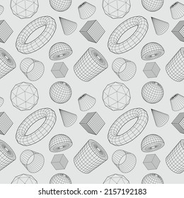 Seamless vector patter. Geometric 3D objects with connected lines. Outline grid texture