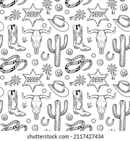Seamless vector patter with linear cowboy items. Cowboy hat, ram skull, cowboy boots, cactus, font star, snake, spurs. Flat design on the theme of the Wild West, Mexico. Ornament for textile, surfaces