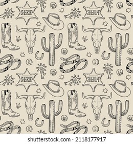 Seamless vector patter with linear cowboy items. Cowboy hat, ram skull, cowboy boots, cactus, font star, snake, spurs. Flat design on the theme of the Wild West, Mexico. Ornament for textile, surfaces