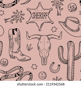 Patter vectorial transparente con elementos vaqueros lineales. sombrero de vaquero, cráneo de carnero, botas de vaquero, cactus, estrella de fuente, serpiente, espumas. Diseño plano sobre el tema del Oeste salvaje, México. Ornamento para superficies textiles