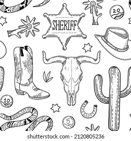 Seamless vector patter with linear cowboy items. Cowboy hat, ram skull, cowboy boots, cactus, font star, snake, spurs. Flat design on the theme of the Wild West, Mexico. Ornament for textile, surfaces