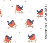Seamless vector patter in a simple childish style. Cute bird sitting on a branch, bullfinch 