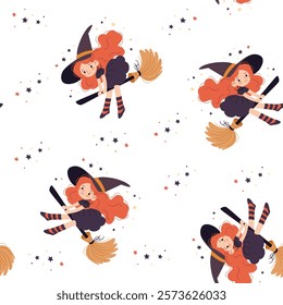 Seamless vector patter in a simple childish style. Cute witch flying on a broom, stars 