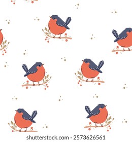 Seamless vector patter in a simple childish style. Cute bird sitting on a branch, bullfinch 