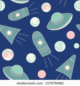 A seamless vector patter with ufo, spaceships and plantes on a navy blue background. Cosmic childish surface print design.