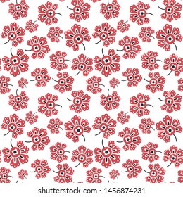 Seamless vector pattern 10 eps. Decorative floral template. White background with chaotic red flowers. Pattern for fabric, textile, cover, design, wrapping. Spring summer field of flowers wallpaper.