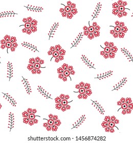 Seamless vector pattern 10 eps. Decorative floral template. White background with chaotic red flowers. Pattern for fabric, textile, cover, design, wrapping. Spring summer field of flowers wallpaper.