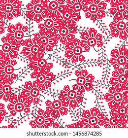Seamless vector pattern 10 eps. Decorative floral template. White background with chaotic red flowers. Pattern for fabric, textile, cover, design, wrapping. Spring summer field of flowers wallpaper.