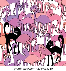Seamless vector pattern with 1950 s retro beautiful flamingo, cute black cat, fruits : banana, watermelon, pineapple, stylized flowers and geometrical shapes and objects.