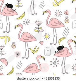 Seamless vector pattern with 1950 s retro beautiful flamingo, cute black cat, fruits : banana, watermelon, pineapple, stylized flowers and geometrical shapes and objects