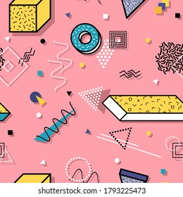 Seamless vector pattern with 3d geometric shapes. Fashion style 80-90s. Bright trendy design