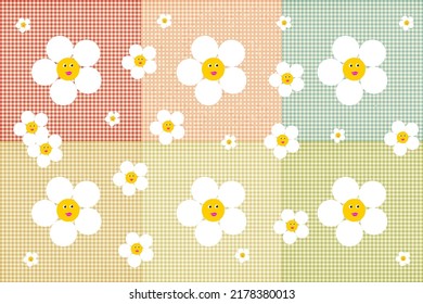 seamless vector pattern of the 60-70s with vintage clockwork marigolds, daisies pop art, psychedelic background in a multicolored cage, funny hippie texture for surface design, wallpaper, paper, lsd