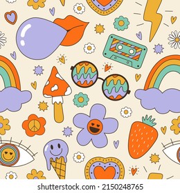 Seamless vector pattern with 70s, 80s, 90s vibes groovy elements. Retro bubble gum, glasses, cassette, rainbow, ice cream, flowers background. Vintage psychedelic texture for design and print