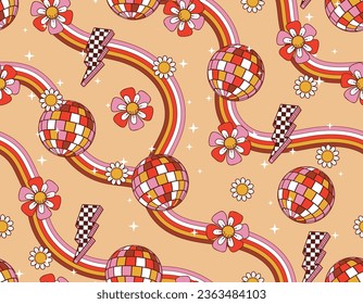 Patrón vectorial impecable con fondo de pantalla de fiesta disco retro de bola de los años 70. Textil de moda decorativa de los años 70. Diseño de moda, tela, textil, papel pintado, envoltura y todas las impresiones 